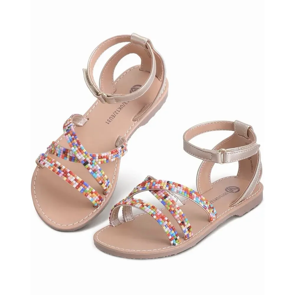 Girls Ankle Strap Flat Beaded Gladiator Sandals Girls 1 New